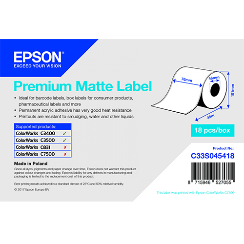 Epson étiquettes papier blanc mat pour TM-C7500, 76 x 127mm